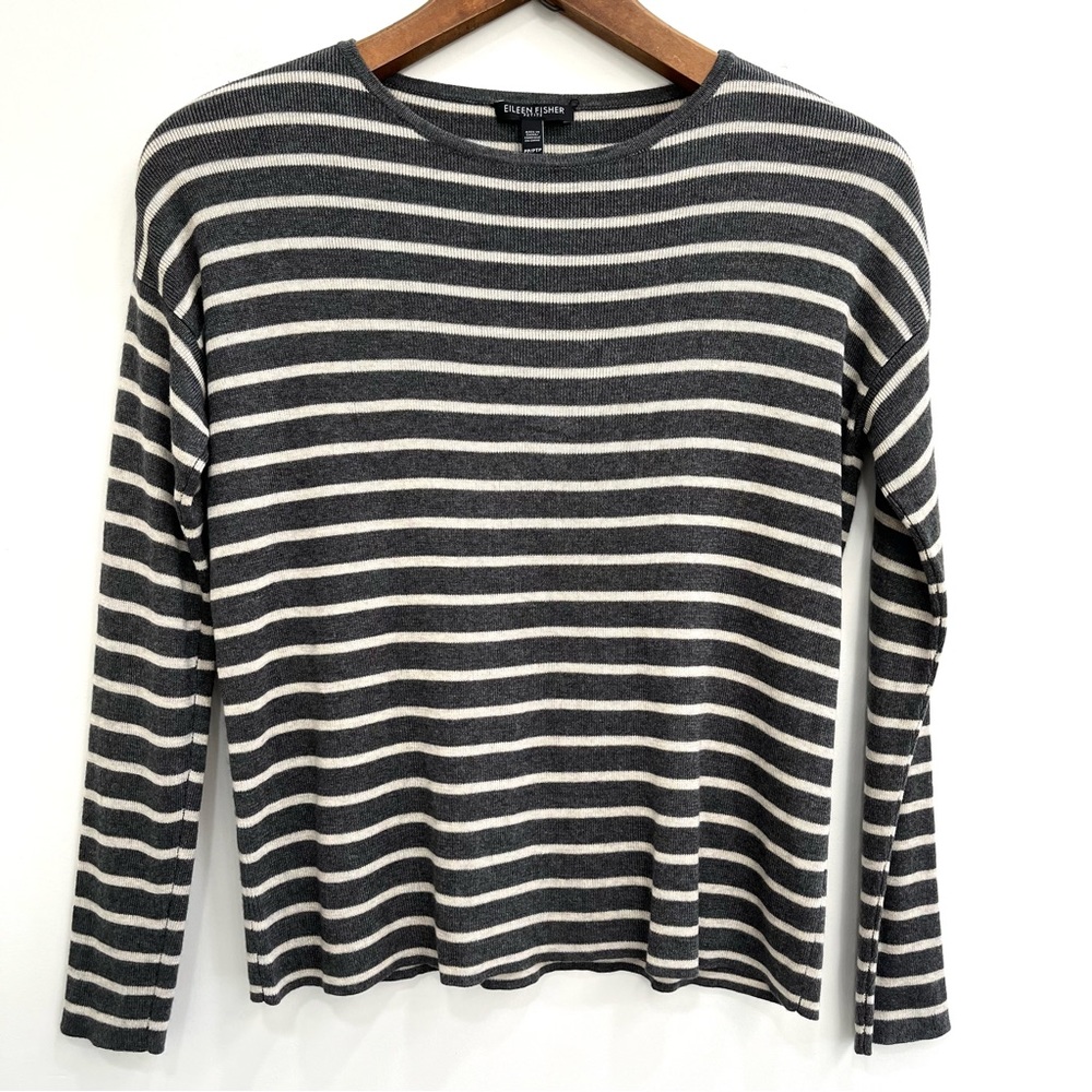 Eileen Fisher gray striped drop shoulder wool blend sweater small